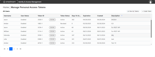 The Manage Personal Access Tokens page has a grid with each personal access token listed in a separate row. Each row for an active token includes a button with a black oval and black text that is all capitalized: REVOKE. There is an oval button in the top right corner above the grid with black text: + Create Token.